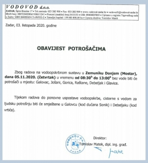 Vodovod d.o.o. - Obavijest potro&scaron;ačima