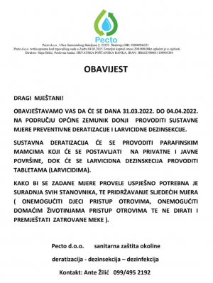 Obavijest - sanitarna za&scaron;tita okoline
